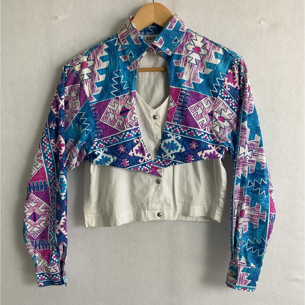 80s Banjo Western Wear Cropped Shirt Jacket Top Aztec Print Womens Small